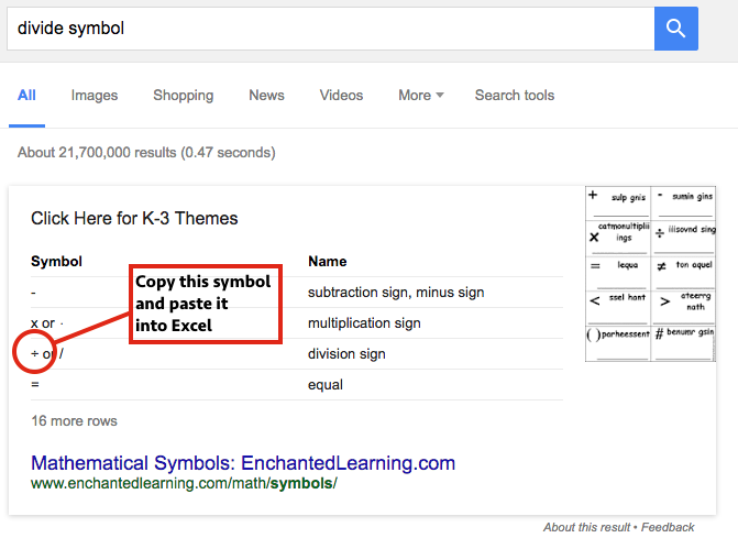 Screen Shot of Google with Divide Symbol highlighted