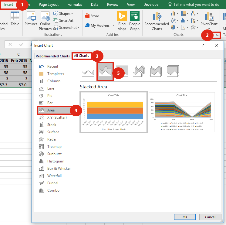 Excel screenshot insert stacked area chart