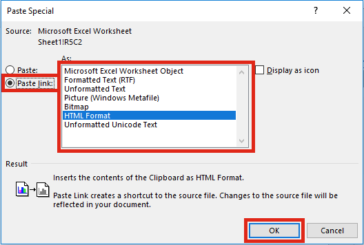 Excel Linked Word - Paste Special