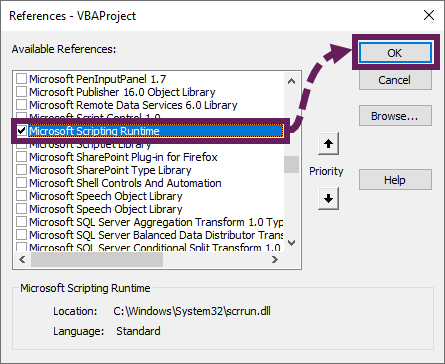 Microsoft scripting runtime как включить