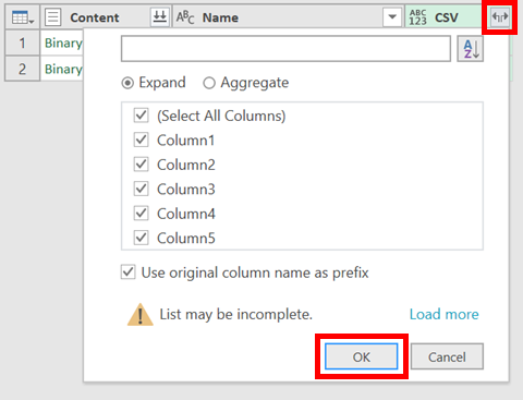 Expand CSV column options.