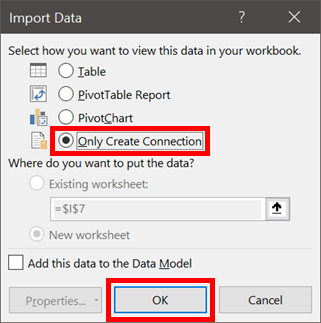 Import Data - Create Connection Only