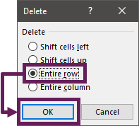 Delete entire row dialog box