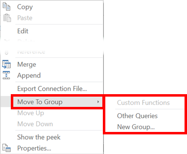 Queries & Connections Window - Create Groups