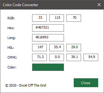 Color Code Converter Add-in User Form