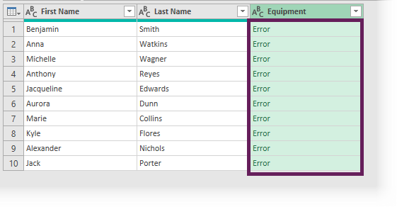 Equipment Column with Error