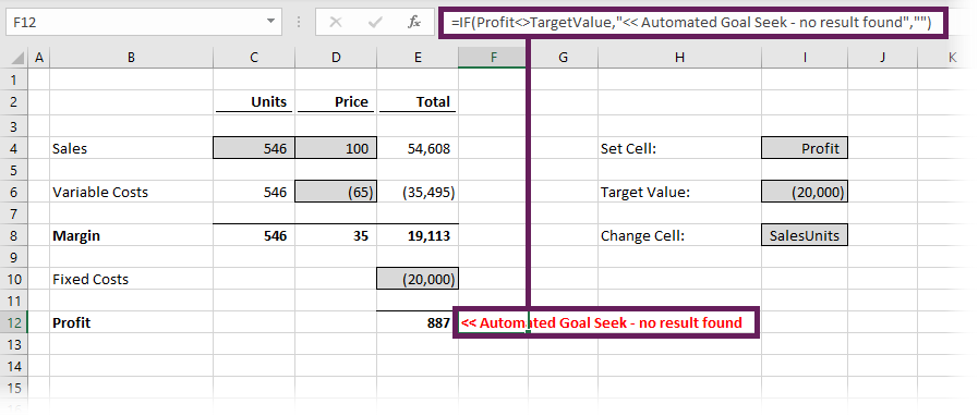 Goal Seek - with error message displayed