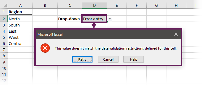 Data validation drop-down error message