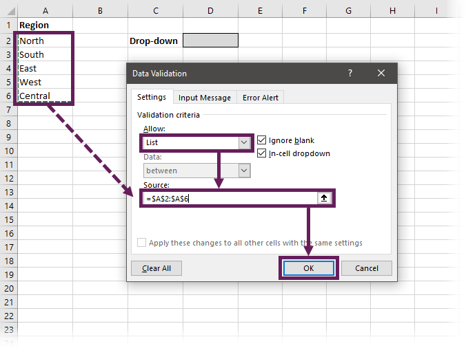 Data validation drop-down options