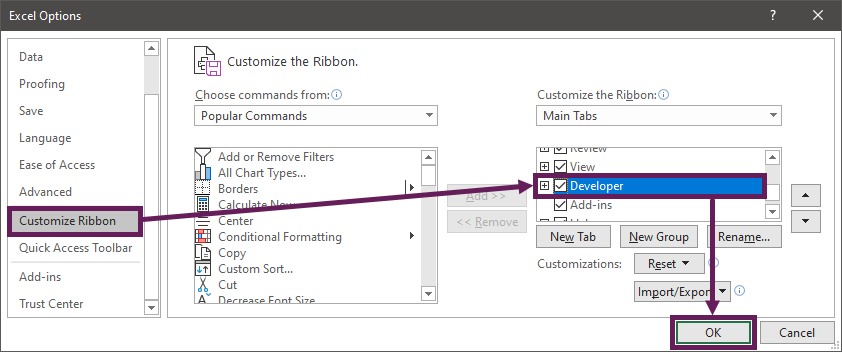 Display Developer Ribbon in Excel Options