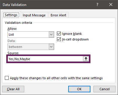 Hard Coded values in Data Validation list