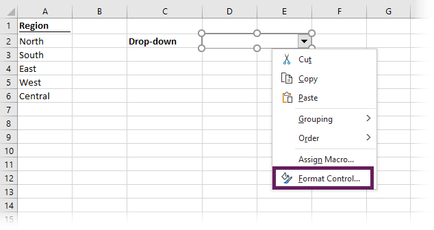 Right-click Form Control for options