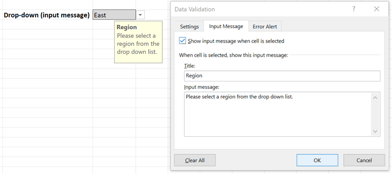Data validation drop down with input message