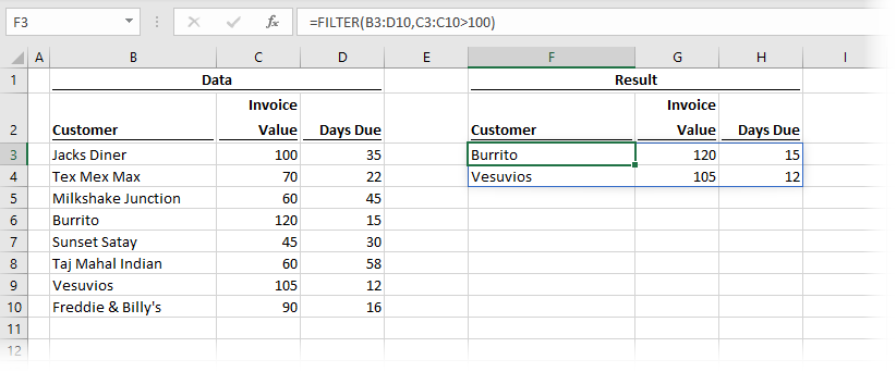 FILTER Function retuns array of rows and columns