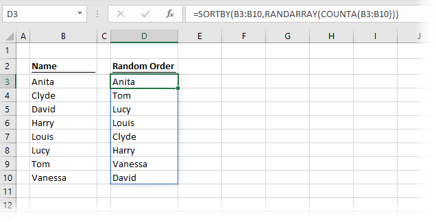 RANDARRAY to sort list of names