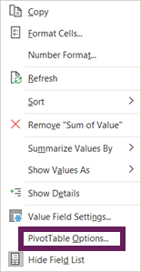 PivotTable options from PT right click menu