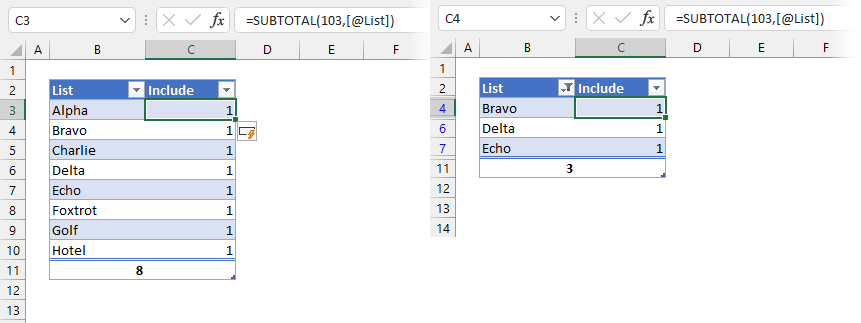 SUBTOTAL with COUNTA on each row