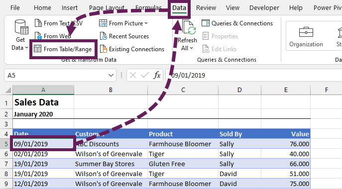 Get data into Power Query - Data Table Range
