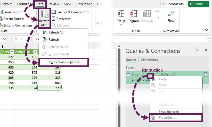 Query properties for refresh options