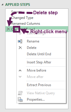 Right-click applied steps for options
