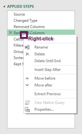 Right click menu in applied steps