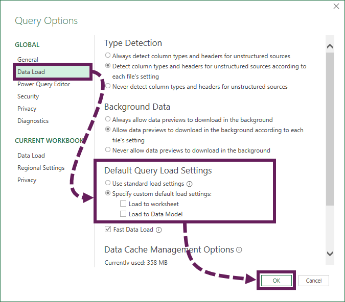 Default Query Options for Power Query