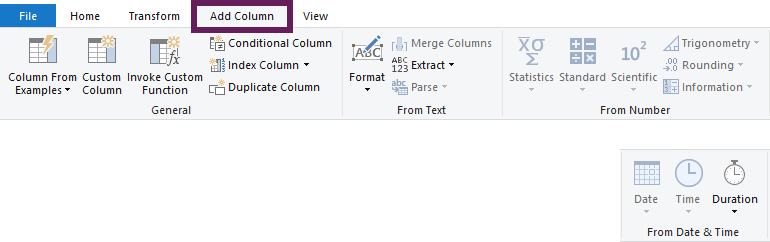 Add Column Ribbon in Power Query