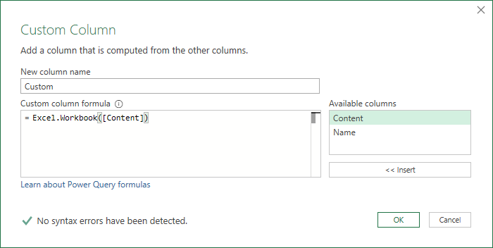 Add Custom Column to extract data from Excel file