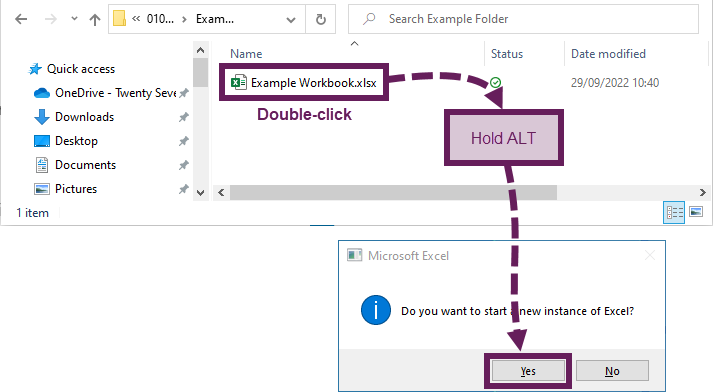 Double click + ALT to open a new instance of Excel
