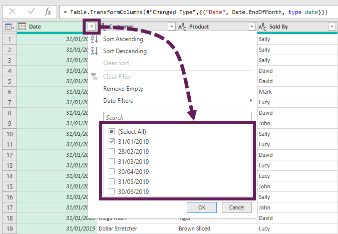 Filter date column