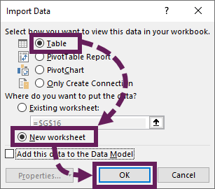 Import Data Dialog - Table - New Worksheet