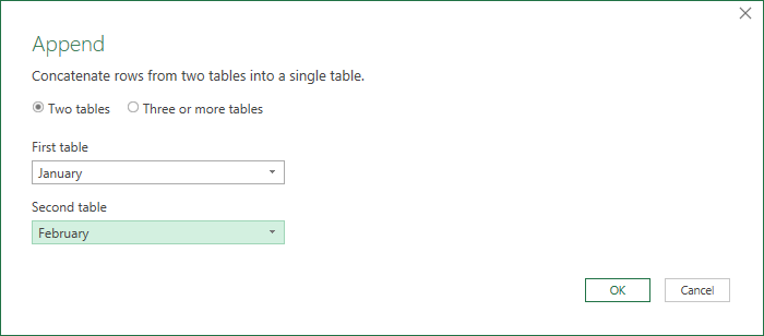 Power Query Append dialog view 1