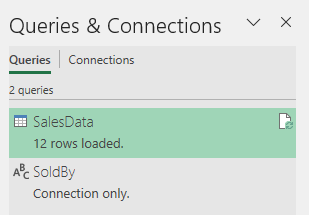 Queries and connections pane displaying two queries