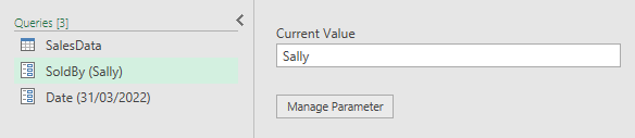 Queries view for Manage Parameters