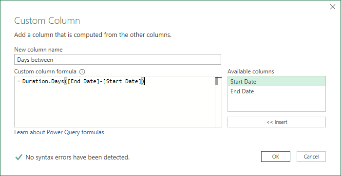 Custom Column in Power Query with Duration.Days function