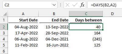DAYS function to subtract dates to get days