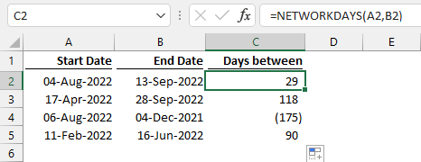NETWORKDAYS function in Excel