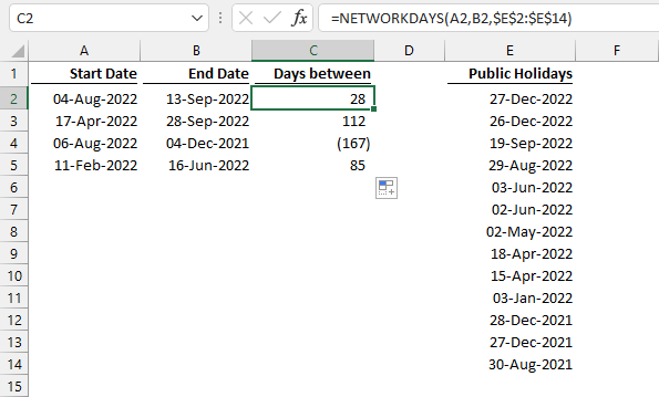 NETWORKDAYS with public holidays