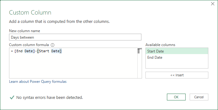 Power Query subtract dates to get number of days