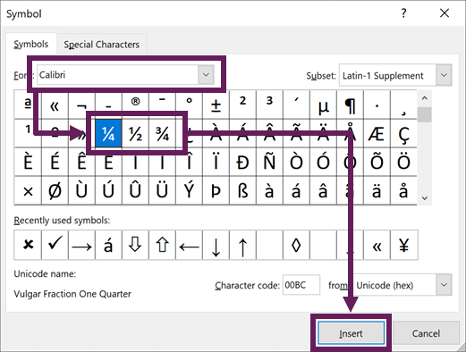 Insert Symbol dialog box