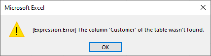 MS Excel Error - Column not found