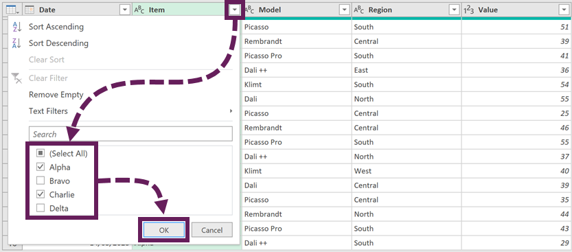 Filter a table with hardcoded values