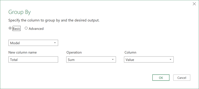 Group By dialog box settings