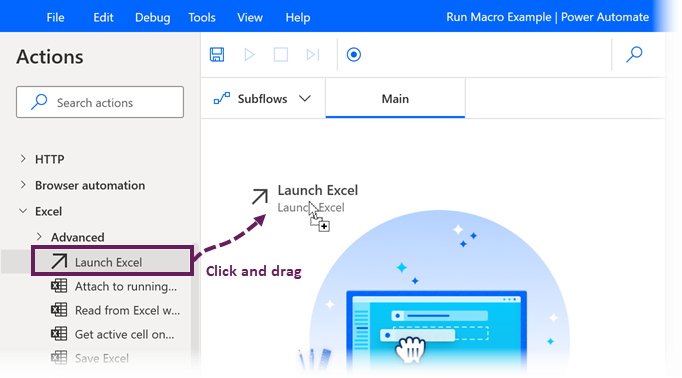 Click, drag and drop launch Excel into flow