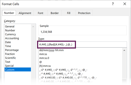 Cell Number Format in dialog box