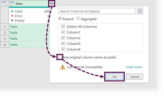 Expand the Data column to append the data
