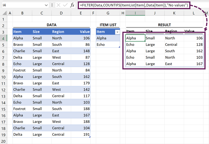 FILTER by a list in Excel
