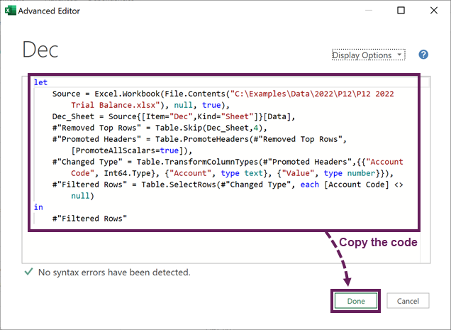 Copy the Power Query M code
