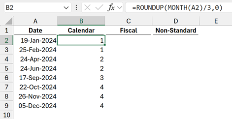 Quarter from dates in Excel - Calendar month