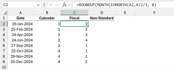 Quarter from dates in Excel - Fiscal month